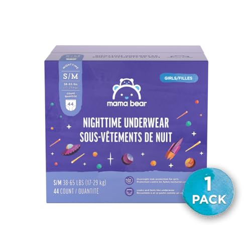 Amazon Brand - Mama Bear Girl's Nighttime Underwear for Bedwetting, Overnight Protection, Hypoallergenic, Size S/M (38-65 lbs), 44 Count, White
