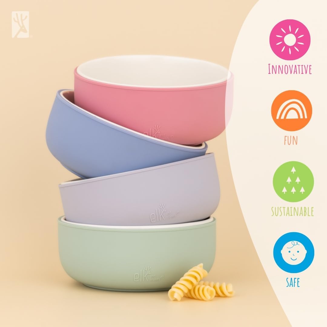 Elk and Friends Kids Porcelain Bowls with Silicone Sleeve | Kids/Toddler/Baby Feeding | Microwave & Dishwasher Safe | Non slip | Cereal/Soup/Snack Dishes & Dinnerware