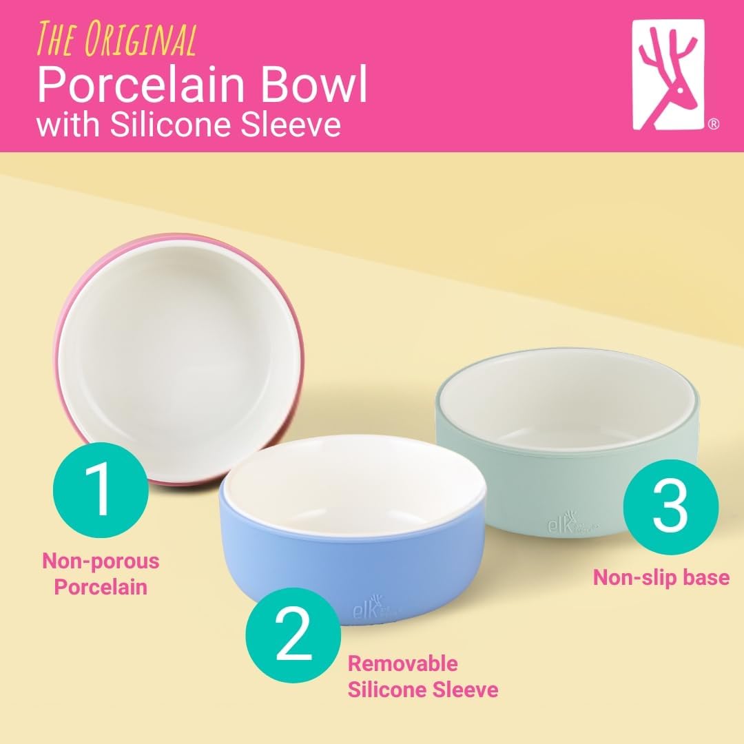 Elk and Friends Kids Porcelain Bowls with Silicone Sleeve | Kids/Toddler/Baby Feeding | Microwave & Dishwasher Safe | Non slip | Cereal/Soup/Snack Dishes & Dinnerware
