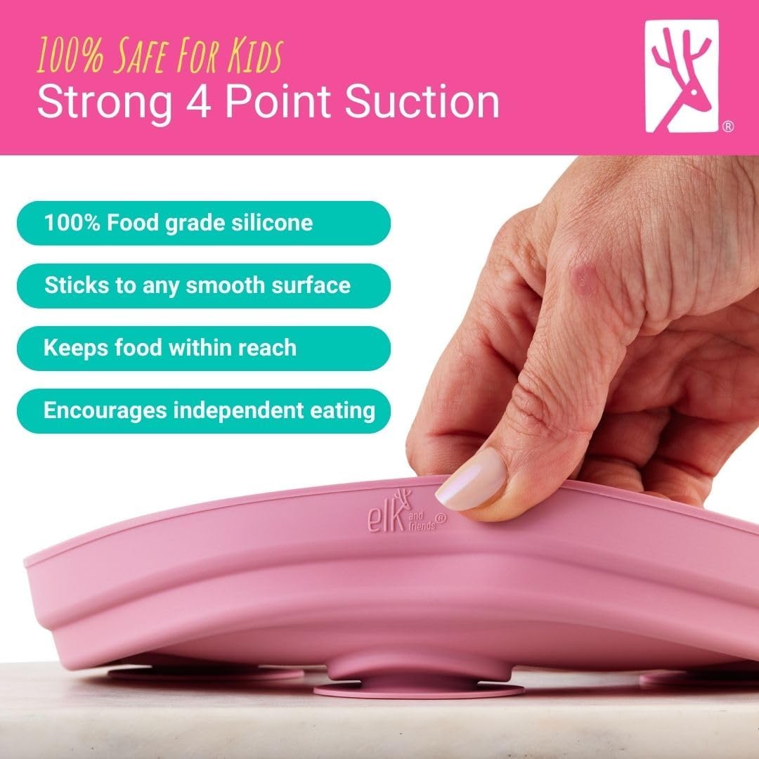 Elk and Friends Stainless Steel Divided Plates with Silicone Sleeve for Babies & Toddlers | Lids Included | Stay Put Suction | Dinner & Snack Plates | 4 Pack