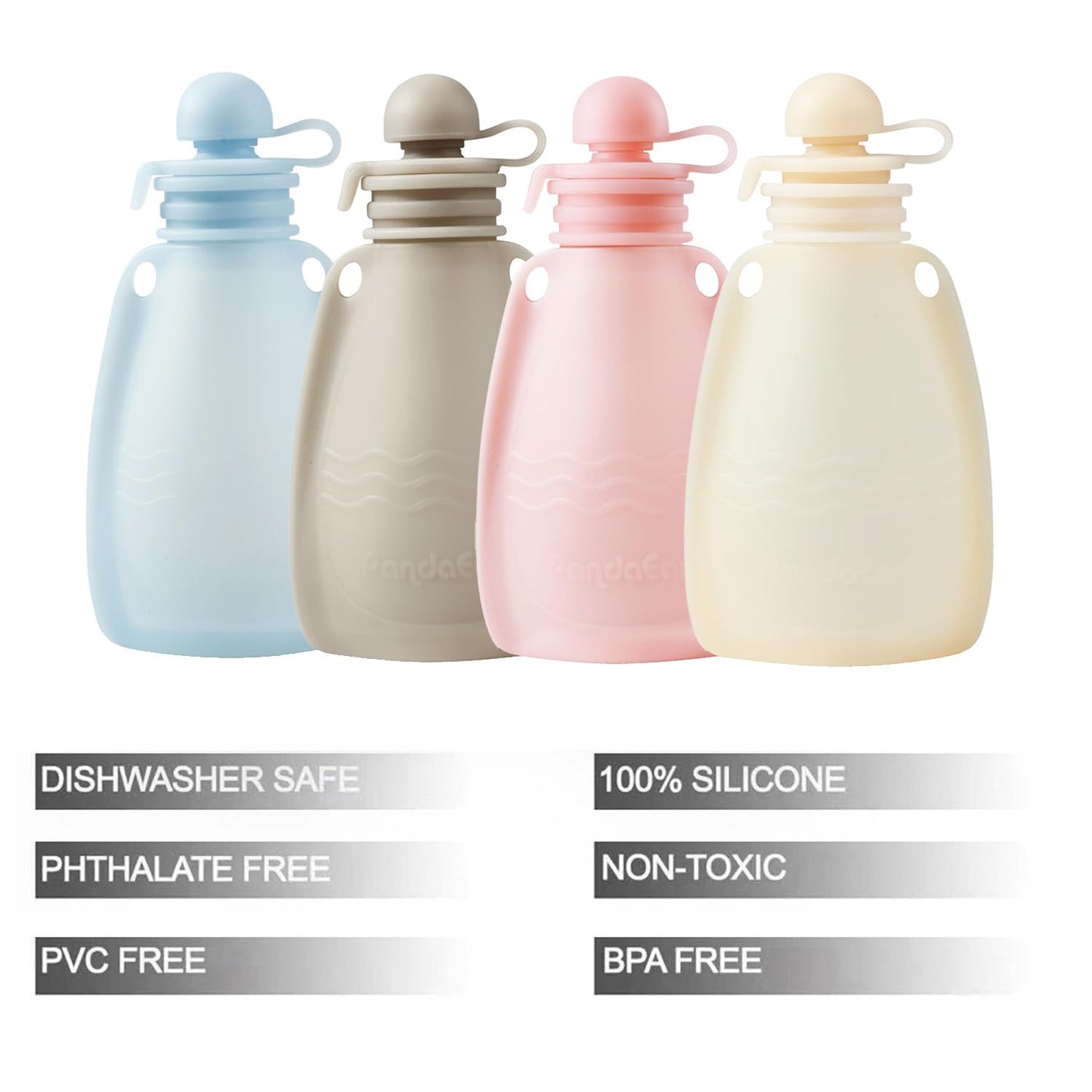 PandaEar Reusable Silicone Baby Food Pouches, 4 Pack Squeeze Pouches for Toddler Kids, BPA-Free Silicone Refillable Baby Food Storage, 5.5 oz