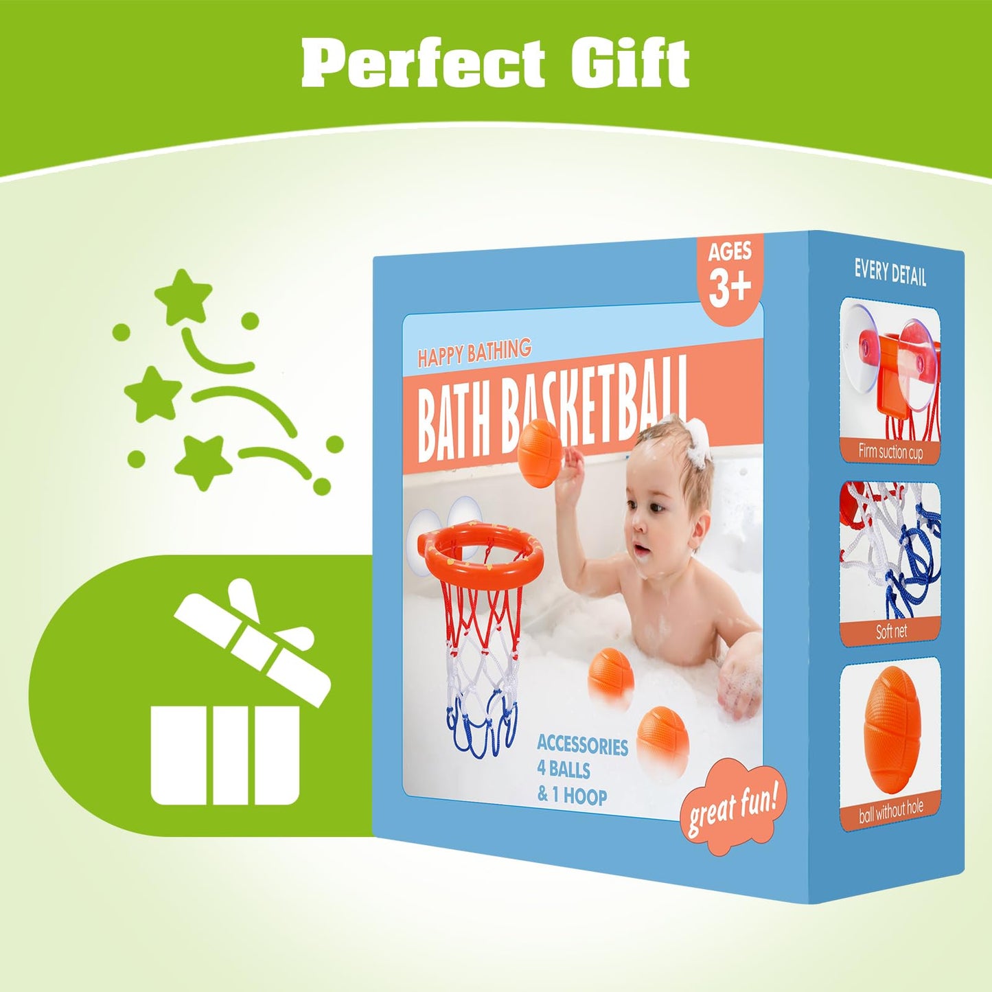 KSABVAIA Bath Toys - Bathtub Basketball Hoop for Kids Toddlers - Bath Toys Shower Toys for Kids Ages 4-8,Suction Cup Basketball Hoop & 3 No Hole Balls Set for Boys Girls