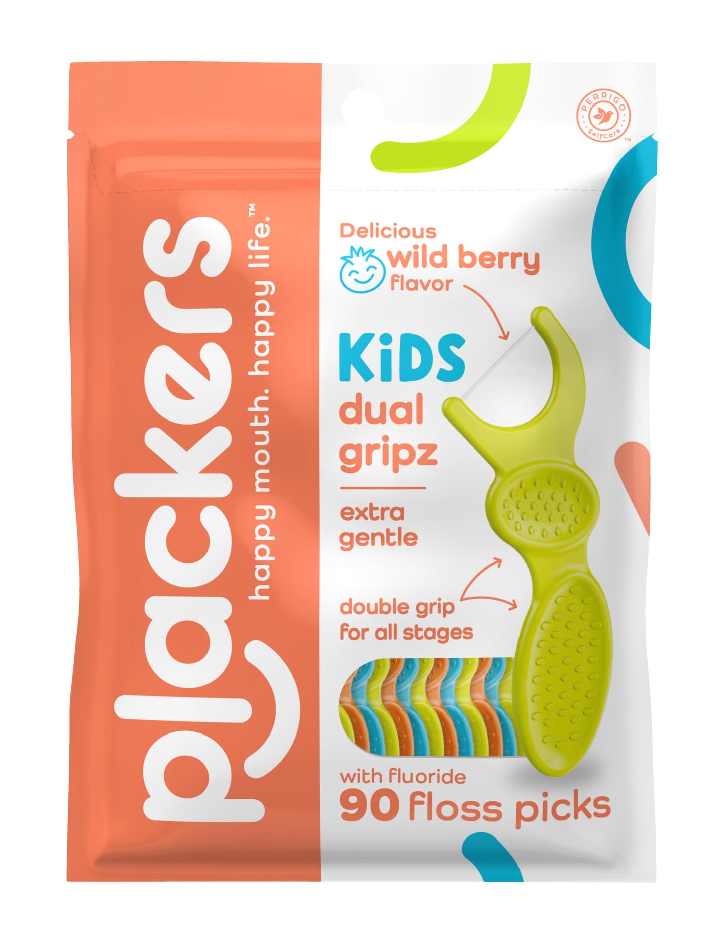 Plackers Kids Dual Gripz Floss Picks with Double Grip Handle, Wild Berry Flavor, 90 Count