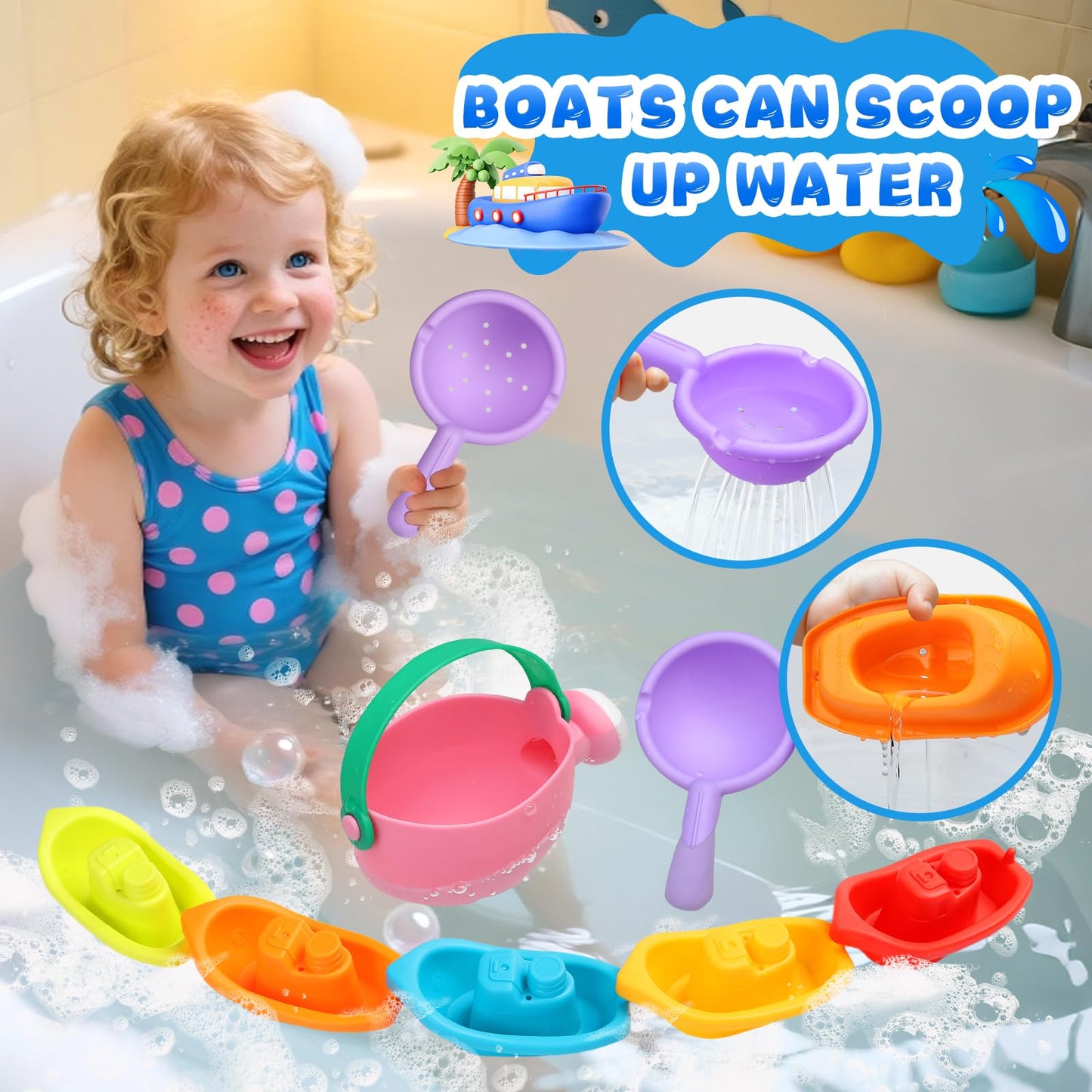 XIEMOMO Baby Bath Toys for Kids Ages 1-3 8PCS Toddler Bath Toys Mold Free and 1PCS Toy Storage Net Bag Bathtub Shower Floating Water Toys for 6 Months Up Boy Girl Gifts (Color Random)
