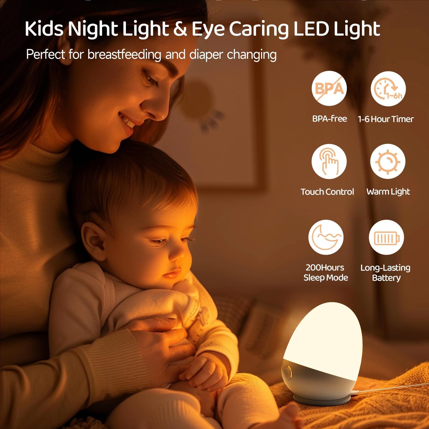 ZUZUKID Touch Egg Night Light for Baby Nursery, Rechargeable Portable Kids Nightlight Lamp with 1-6H Feeding Timer, 3 Color Temperatures Dimmable, Ideal for New Moms of Toddlers