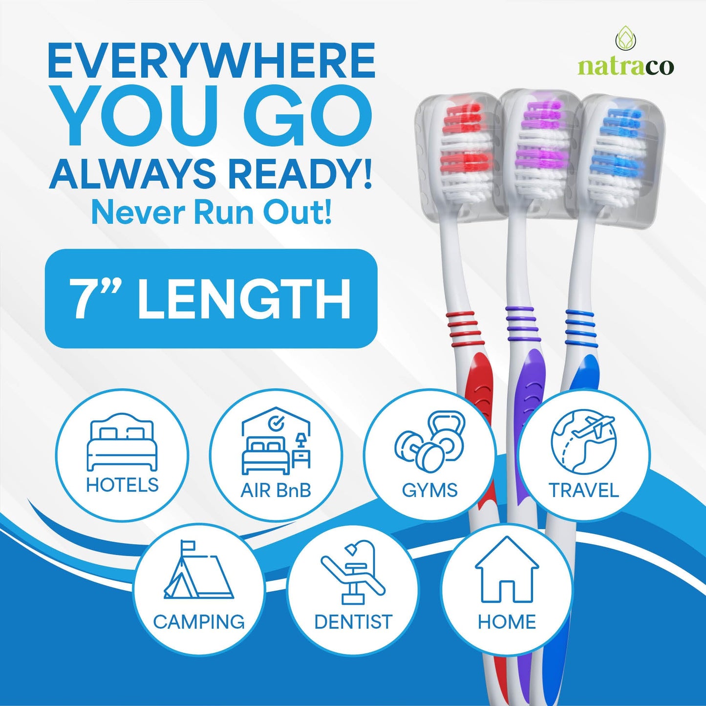 natraco Bulk Toothbrush Pack with Covers | Premium Quality Individually Wrapped Colorful Tooth Brushes | Medium Soft Bristles for Travel, Donations, Hotels (100)