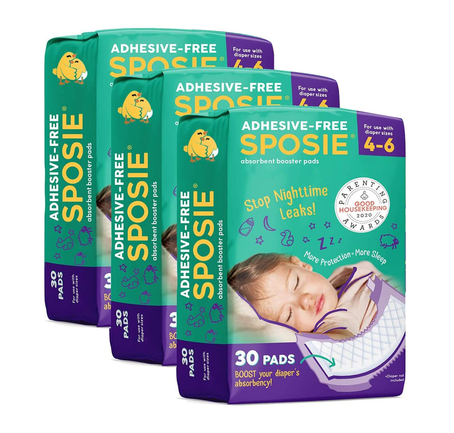 Sposie Overnight Diaper Booster Pads, Stops Leaks and Bedwetting, Original Adhesive-Free Absorbent Inserts, Helps Reduce Nighttime Changes and Rash, Use with Sizes 4-6, Made in U.S.A. 90 ct.
