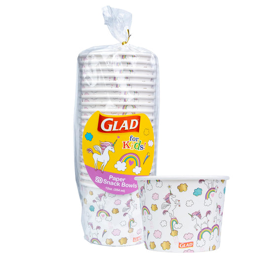 Glad for Kids Unicorns Paper Snack Bowls, Lids Not Included - Heavy Duty, Microwavable, Disposable Snack Cups with Lid for Soup or Ice Cream, 12 Ounce, 20 Count