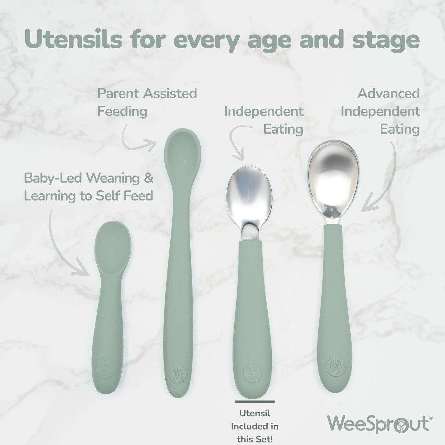 WeeSprout Toddler Utensils, 3 Forks & 3 Spoons, 18/8 Stainless Steel & Food Grade Silicone, Thick Easy-Grip Handles, Perfect Length For New Self Feeders, Gentle On Gums & Teeth, Dishwasher Safe