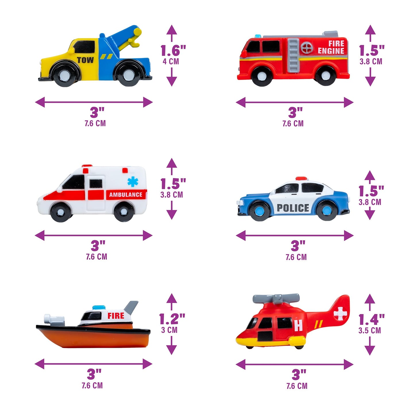 Tub Works® Emergency™ Cars Light Up Bath Toys, 6 Pack | Water-Activated Light Up Toys Flash & Change Color | Soft, Squeezable Baby & Toddler Bath Toys | Sensory Toys with Bath Lights for Kids Bath