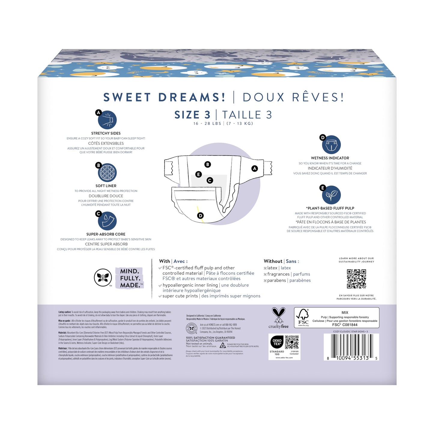 The Honest Company Clean Conscious Overnight Diapers for Sensitive Skin | Hypoallergenic, Fragrance Free | Cozy Cloud + Star Signs | Club Box, Size 3 (16-28 lbs), 52 Count