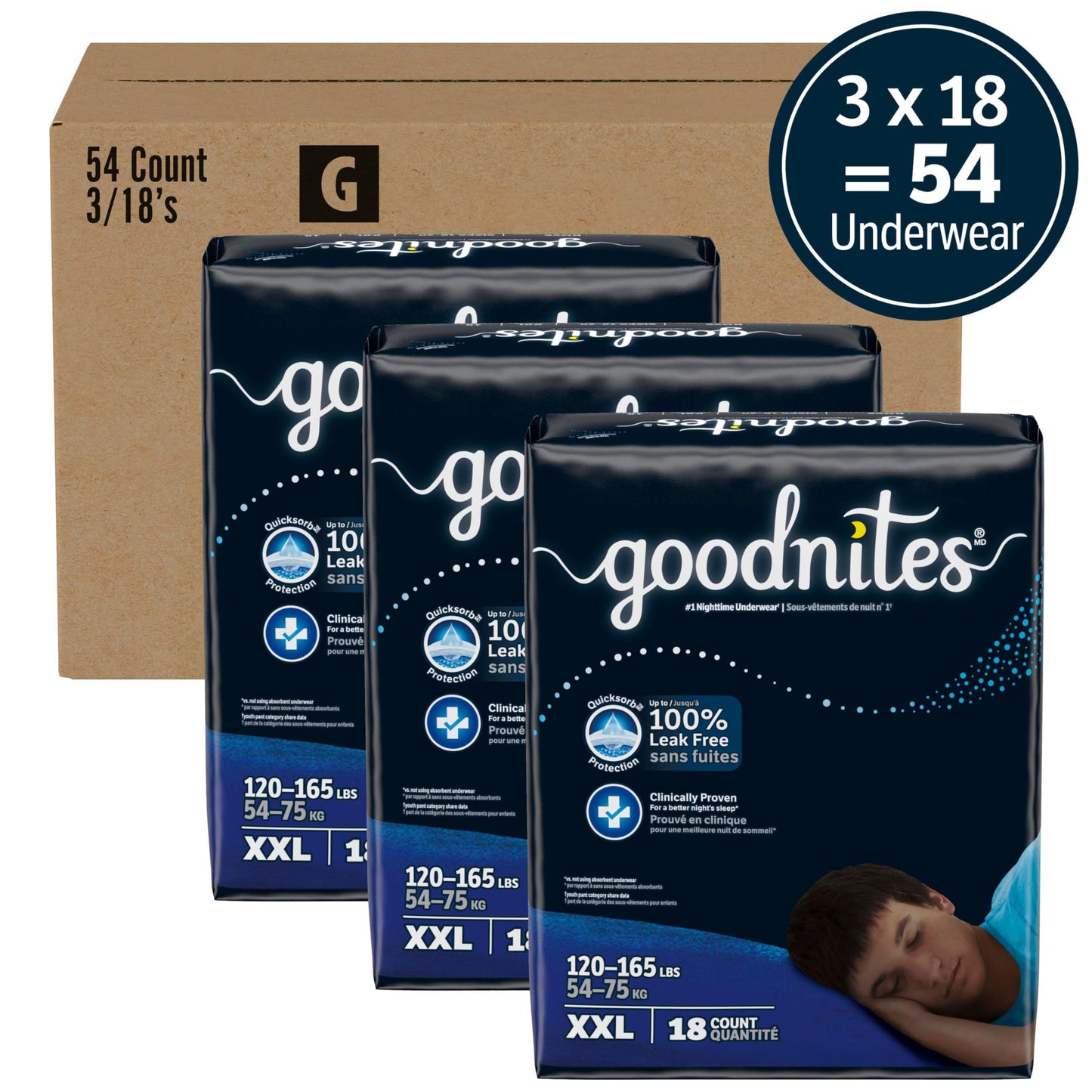 Goodnites Boys' Nighttime Underwear, Size XXL (120-165 lbs), 54 Ct, Packaging May Vary