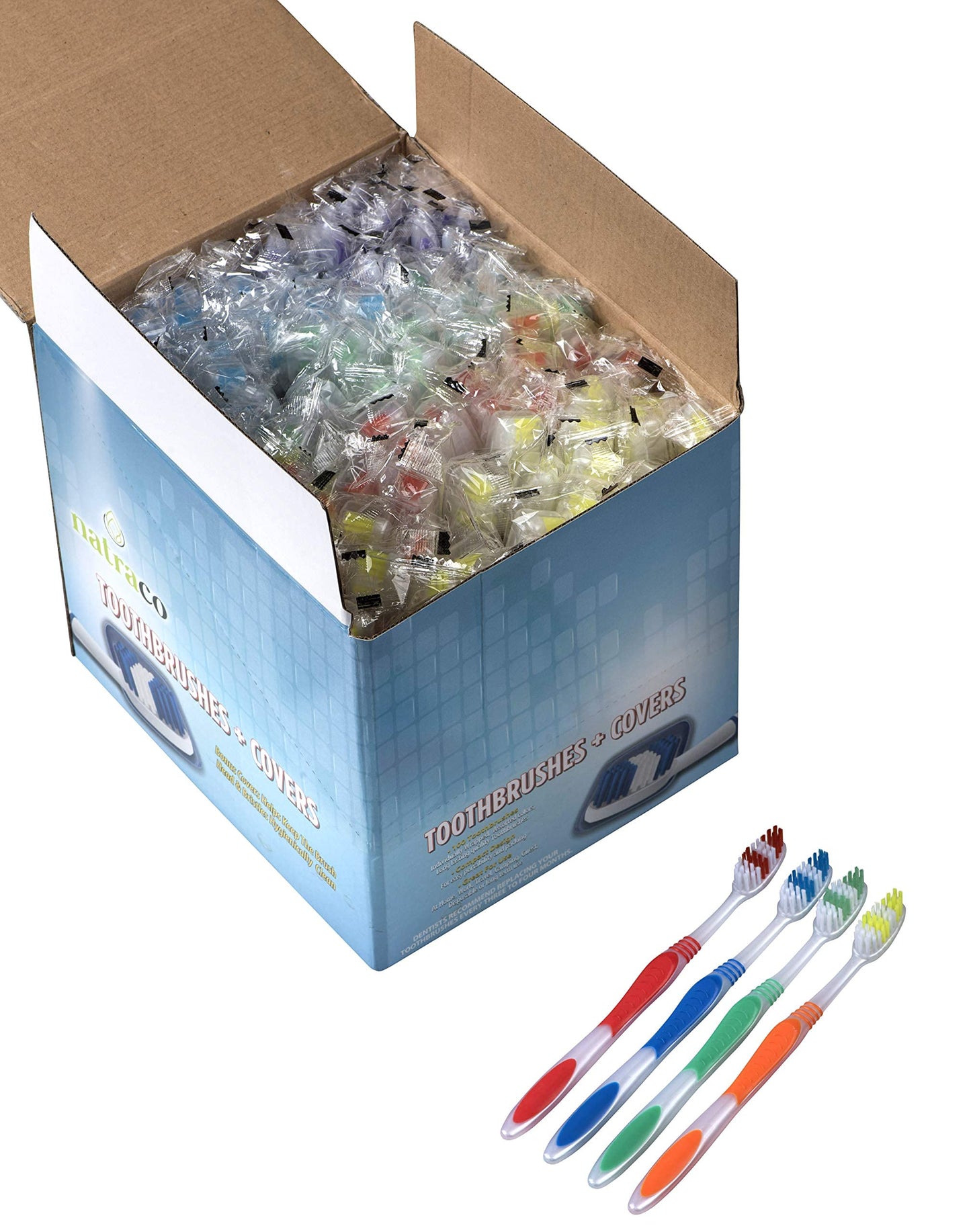 natraco Bulk Toothbrush Pack with Covers | Premium Quality Individually Wrapped Colorful Tooth Brushes | Medium Soft Bristles for Travel, Donations, Hotels (100)