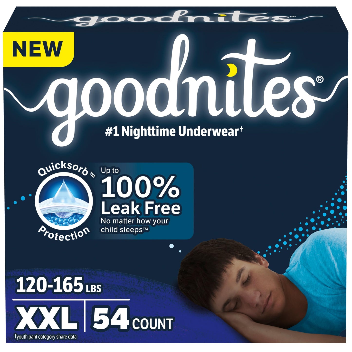 Goodnites Boys' Nighttime Underwear, Size XXL (120-165 lbs), 54 Ct, Packaging May Vary
