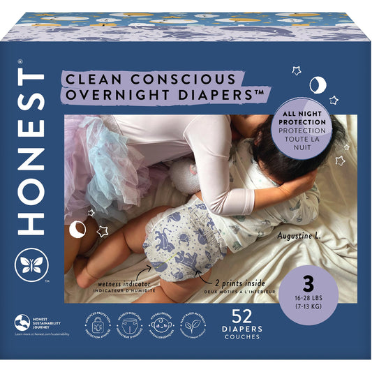 The Honest Company Clean Conscious Overnight Diapers for Sensitive Skin | Hypoallergenic, Fragrance Free | Cozy Cloud + Star Signs | Club Box, Size 3 (16-28 lbs), 52 Count