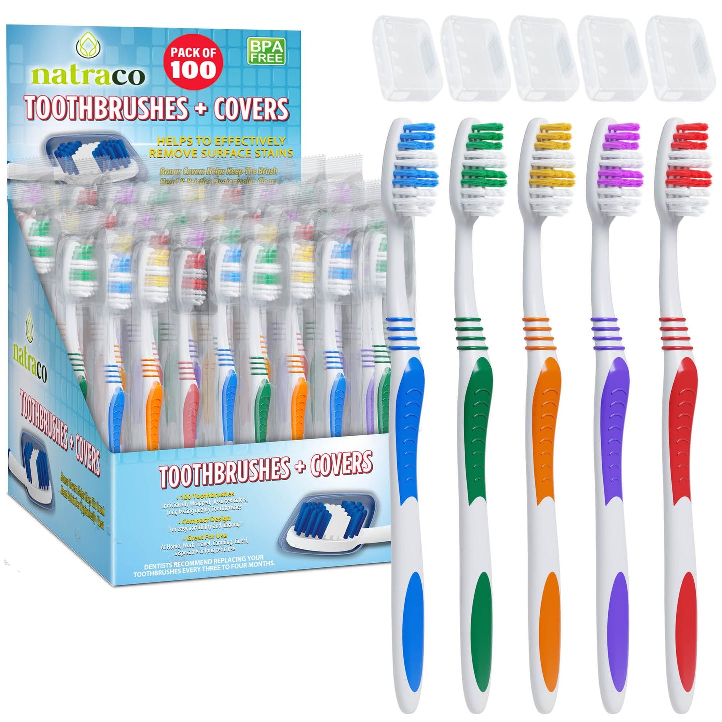 natraco Bulk Toothbrush Pack with Covers | Premium Quality Individually Wrapped Colorful Tooth Brushes | Medium Soft Bristles for Travel, Donations, Hotels (100)
