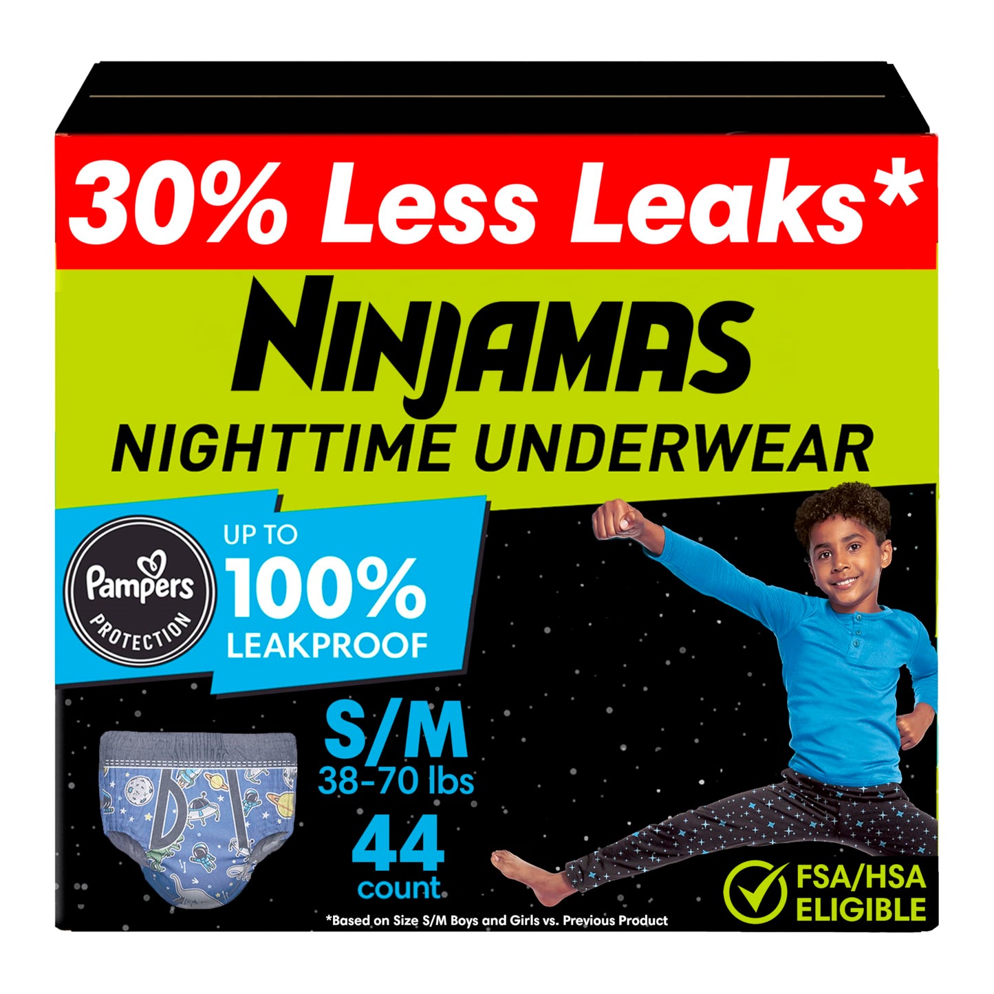 Ninjamas Boys Bedwetting Nighttime Underwear, Size S/M (38-70 lbs), 44 Count, Overnight Protection, Ultra Absorbent, Hypoallergenic