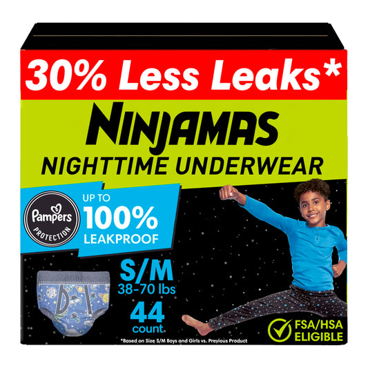 Ninjamas Boys Bedwetting Nighttime Underwear, Size S/M (38-70 lbs), 44 Count, Overnight Protection, Ultra Absorbent, Hypoallergenic