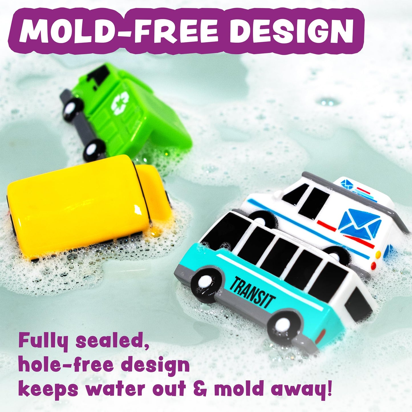 Tub Works® Vehicles™ Bath Cars Mold Free Bath Toys, 6 Pack | Sealed, No Hole Bath Toys Design Keeps Moisture Out | Soft, Squeezable & Float on Water | Fun Baby & Toddler Bath Toys | City Car Bath Toys