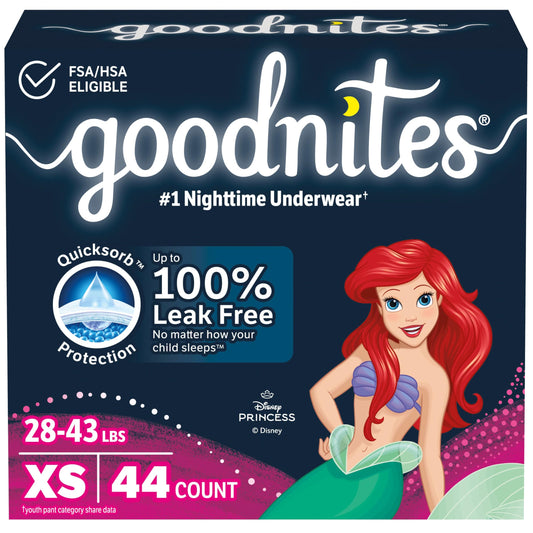 Goodnites Girls' Nighttime Bedwetting Underwear, Size Extra Small (28-43 lbs), 44 Ct (2 Packs of 22), Packaging May Vary