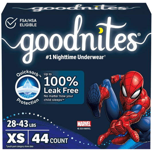 Goodnites Boys' Nighttime Bedwetting Underwear, Size Extra Small (28-43 lbs), 44 Ct (2 Packs of 22), Packaging May Vary